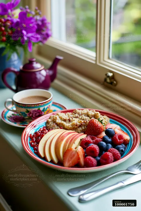 A breakfast plate with seasonal fruit, including berries and sliced apples, sits on a table by the window.