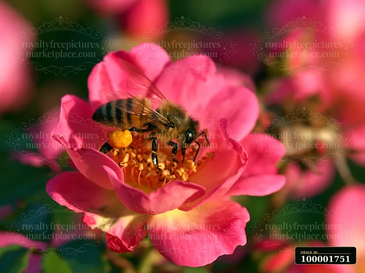 A bee collects pollen from a bright pink rose in a cottage garden with blooming roses.