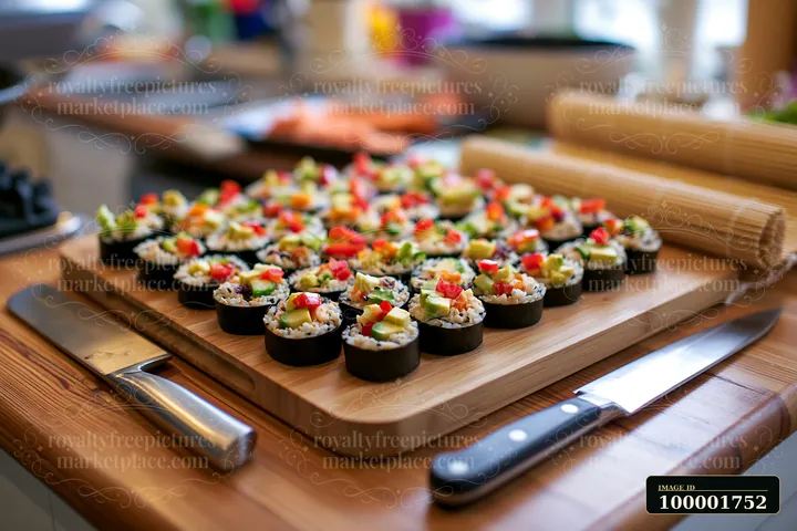 A vegan sushi platter features neatly arranged sushi rolls filled with vegetables and served on a wooden board in a kitchen setting.
