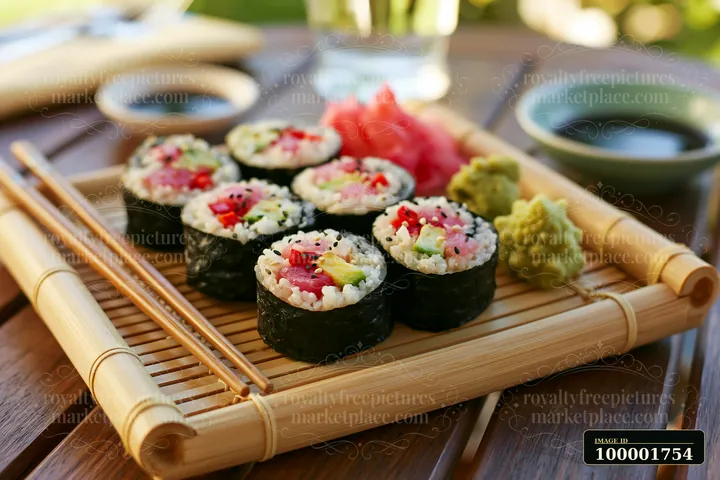 Sushi rolls served on bamboo tray include fresh tuna and avocado, with wasabi and pickled ginger.