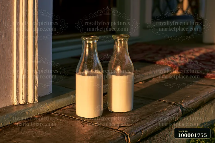 Two glass milk bottles rest on a doorstep as the sun rises, casting warm light on the bottles and the stone surface.
