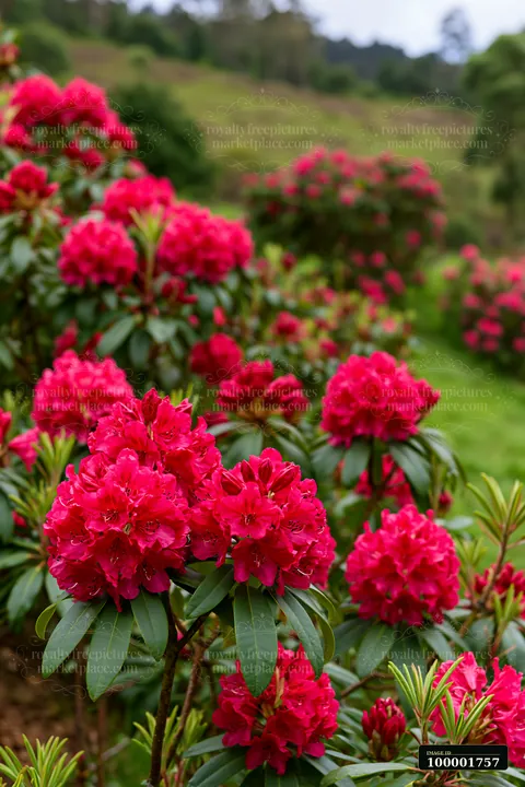 Rhododendrons blooming hillside showcase vibrant red flowers surrounded by green leaves.