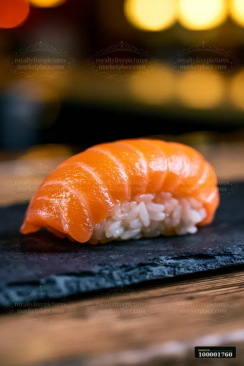 One salmon nigiri on slate plate sits on a wooden table.