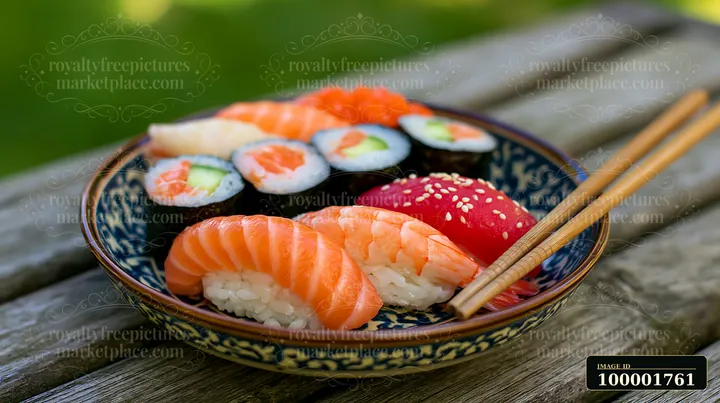 Sushi with chopsticks resting on bowl is served on a wooden table outdoors.