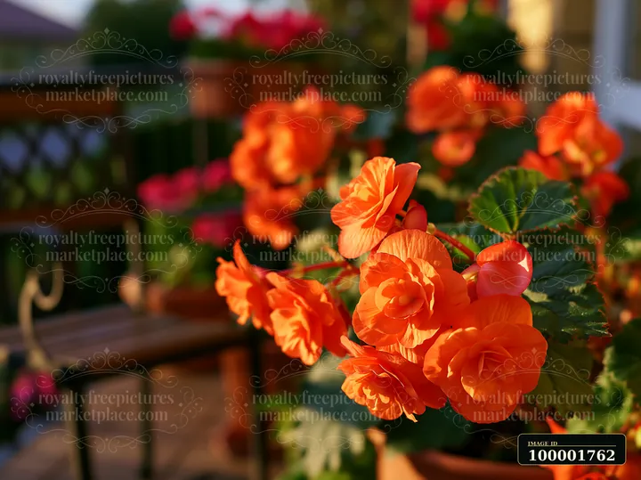 Begonia flowers on balcony showcase vibrant orange blooms with greenery.