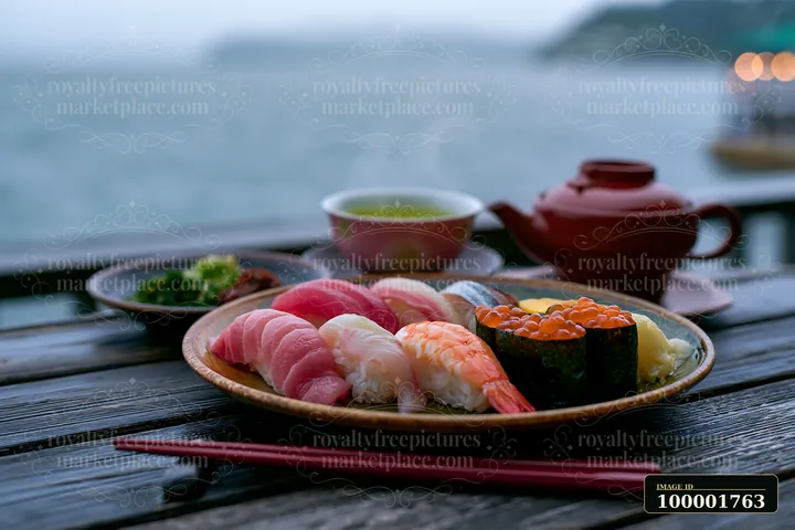 Sushi beside steaming green tea is served on a wooden table next to a calm body of water.