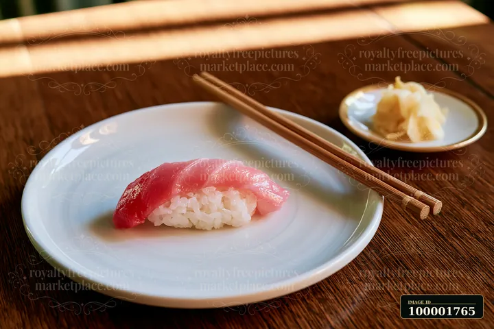 One sushi piece with pickled ginger sits on a white plate next to a small dish of ginger.