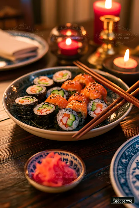 Sushi with chopsticks resting on bowl is arranged on a decorative plate with a small dish of pickled ginger.