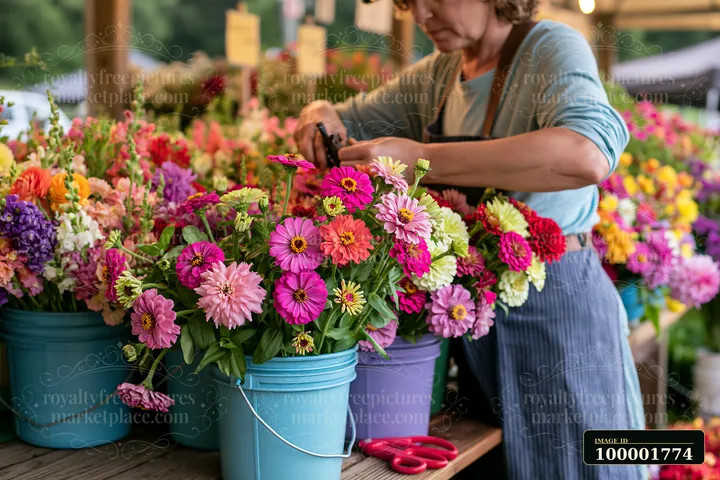 A vendor arranges vibrant mixed seasonal flowers in buckets at a farmers market.