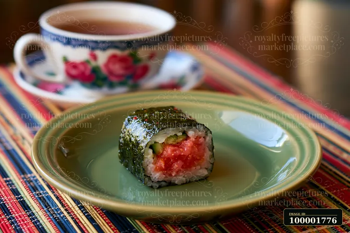 A single spicy tuna roll piece sits on a green plate beside a cup of tea.