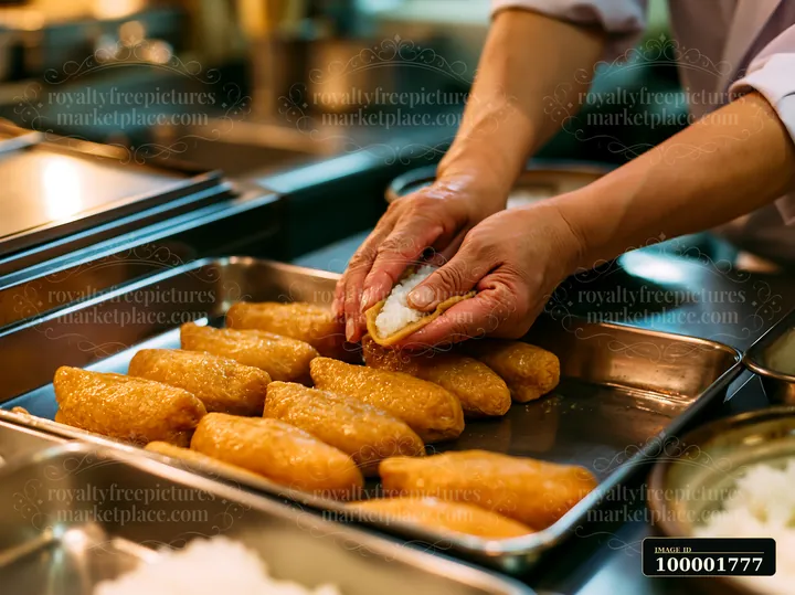A cook fills inari sushi pockets filled with rice in a restaurant kitchen.