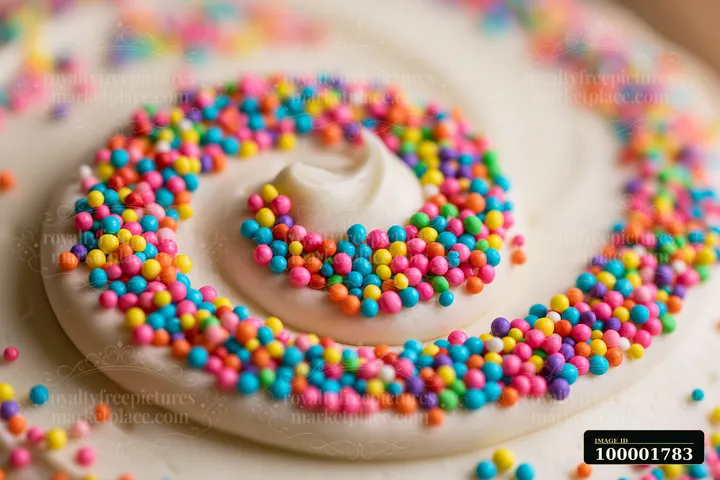 Rainbow sprinkles arranged in a swirl on smooth white frosting create a vibrant pattern.