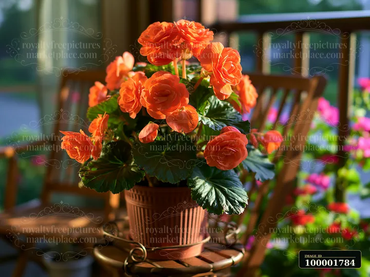 Vibrant begonia flowers on a wooden table create a colorful scene on a balcony, surrounded by lush greenery during daylight.
