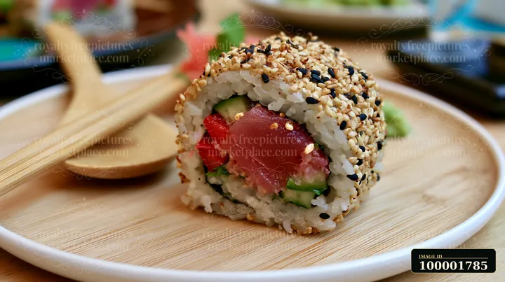 A slice of tuna roll is placed on a light wooden plate.