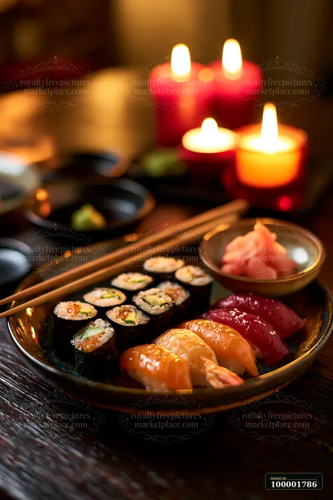 Sushi with chopsticks resting on bowl is served on a round plate, accompanied by ginger and wasabi.