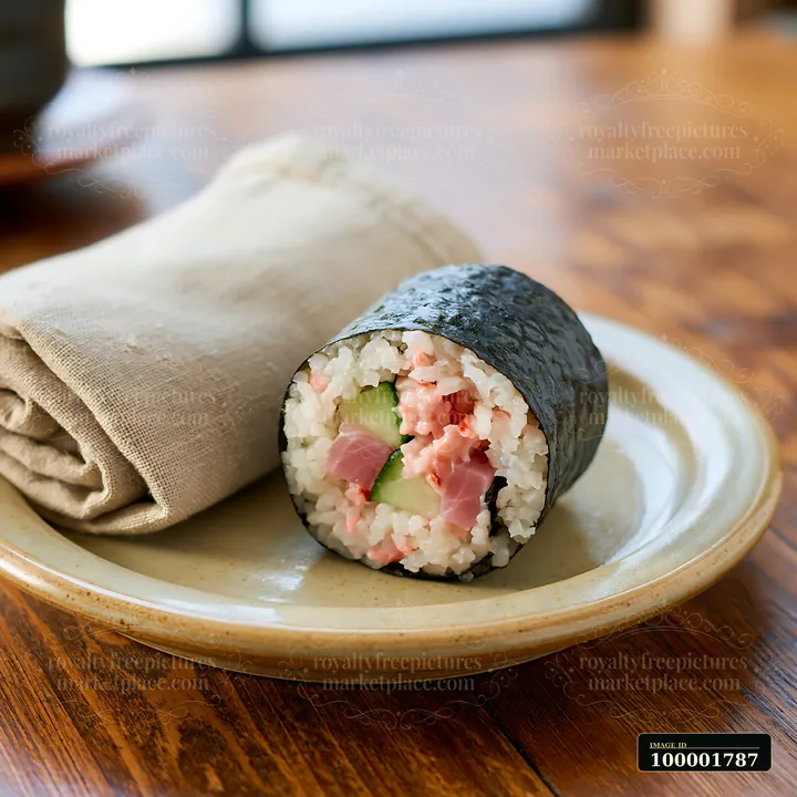A single sushi roll on ceramic plate rests near a rolled cloth napkin on a wooden table.
