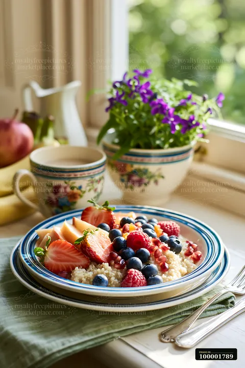 A breakfast plate with seasonal fruit sits on a table near a window, featuring strawberries, blueberries, raspberries, and pieces of mango along with quinoa.