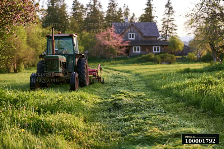 A tractor is mowing a meadow near a house surrounded by trees and flowers.