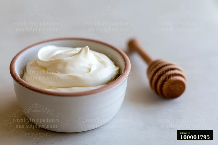 A bowl contains a cream dose beside a honey dipper on a light kitchen surface.