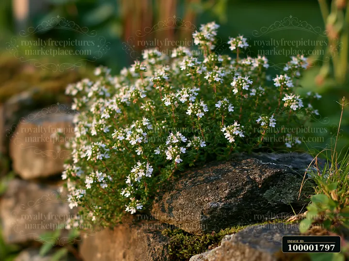 Thyme flowers bloom between stones in a garden, showing small white blooms against a backdrop of greenery.