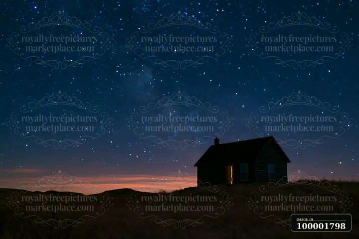 A cabin stands alone on a hillside under a starry sky.