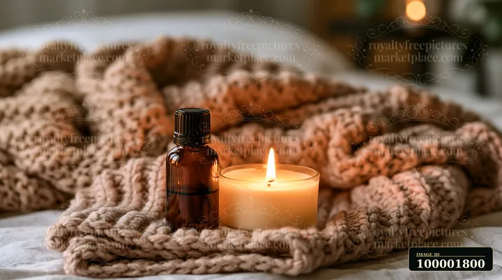 A lit candle and a bottle of essential oil sit on a textured blanket, creating a warm atmosphere.