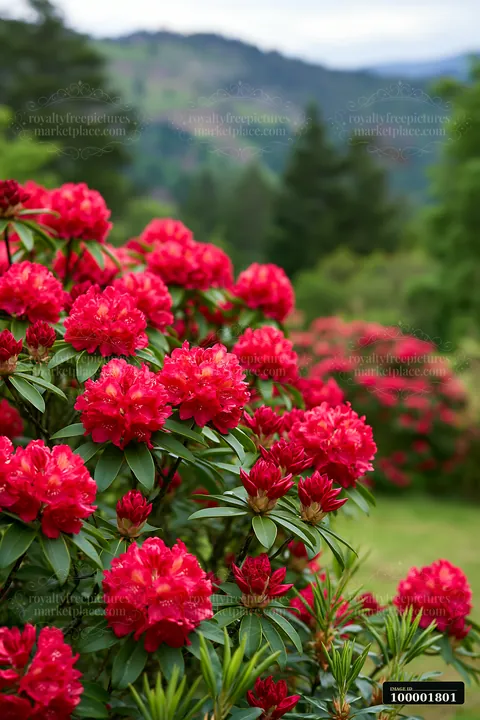 Rhododendron blooming hillside features bright red flowers on green bushes in a natural setting.