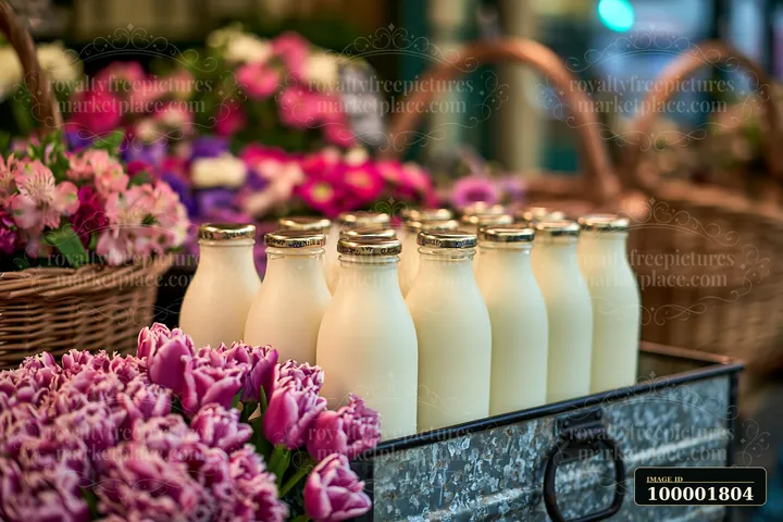 Cold milk bottles in a metal market cooler sit beside colorful flowers and baskets in a market setting.