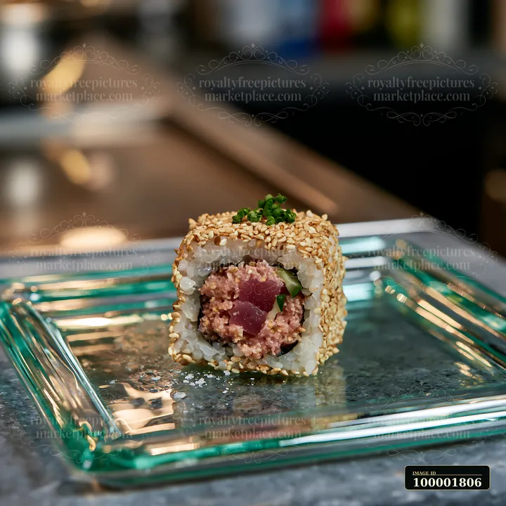 One tuna roll slice with sesame coating is placed on a glass plate.