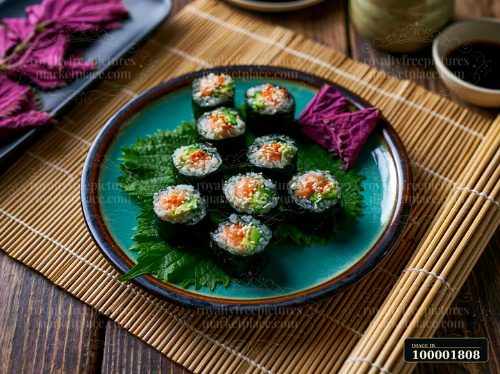 Sushi with shiso leaves is arranged on a blue plate.