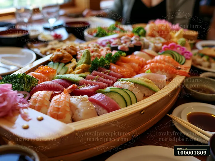 A large wooden boat holds an assortment of sushi, sashimi, and garnishes served at a restaurant.
