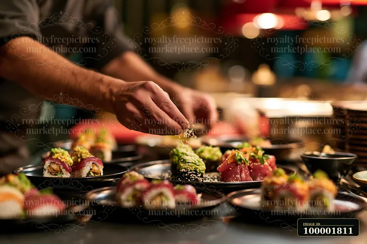 A restaurant worker preparing sushi order works at a busy sushi bar.