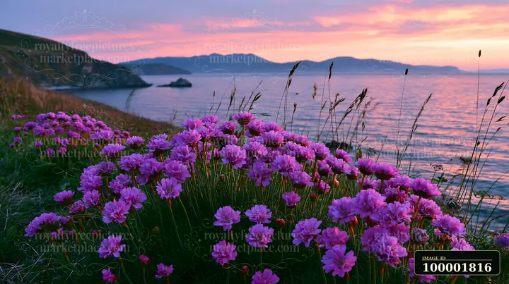Colorful flowers grow along the cliff edge with the sea and mountains in the background at sunset.