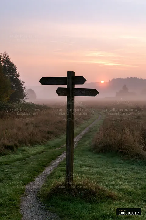 A wooden signpost stands in a meadow in morning mist as the sun rises on the horizon.