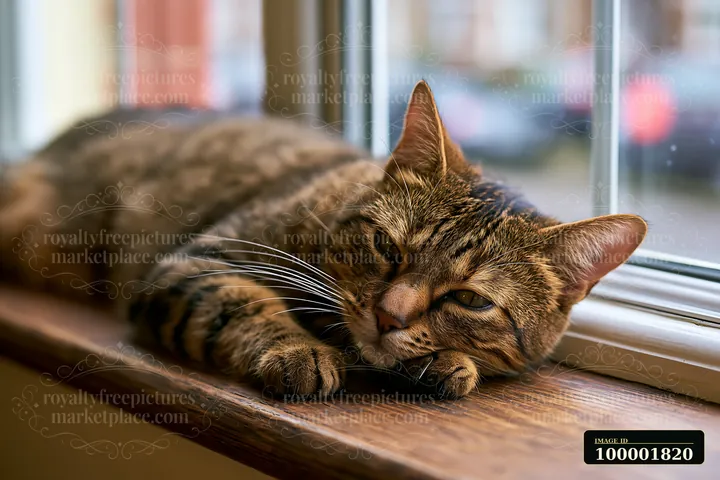 A Serengeti cat relaxes on a wooden windowsill in a home setting, watching the outside world.