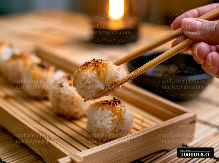 A hand holds chopsticks with a single sushi piece ready to eat with chopsticks resting on a wooden tray.