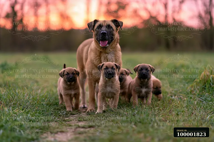 A rare dog breed mother stands proudly with her four playful puppies on a grassy field during sunset.