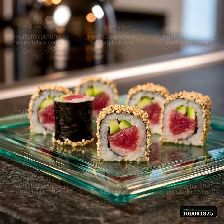 One tuna roll slice with sesame coating is placed next to several other sushi rolls on a glass plate.