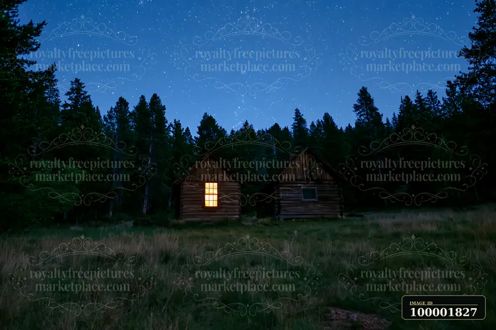 A small home beneath stars in the wilderness shows two cabins under a clear night sky.