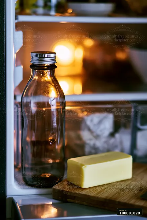 A clear glass bottle sits on a shelf inside a refrigerator next to a block of butter resting on a wooden cutting board.
