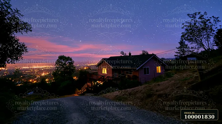 A house sits under a starry sky with lights shining from its windows.