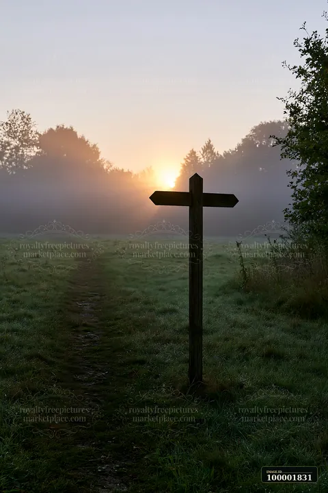 Sunbeams over a misty meadow shine through trees as a path leads towards the light.