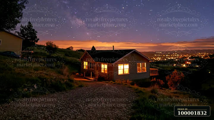 A house sits on a hillside under a night sky filled with stars.