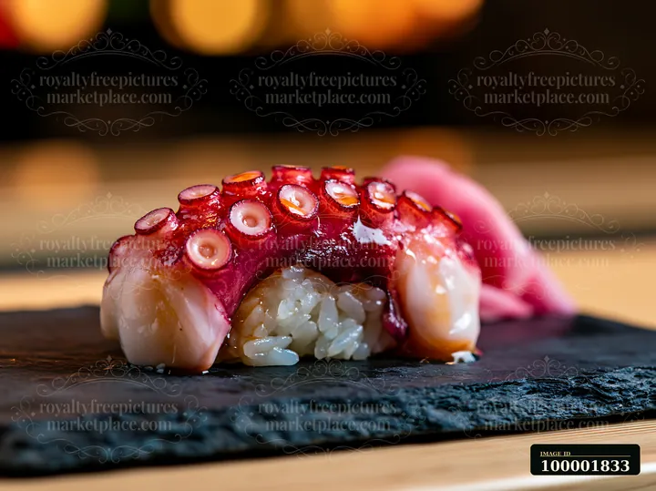A single sushi piece on black slate features octopus on rice, garnished with pickled ginger.