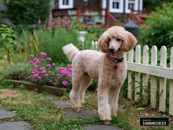 A dog beside a rural cottage stands among flowers and green grass.