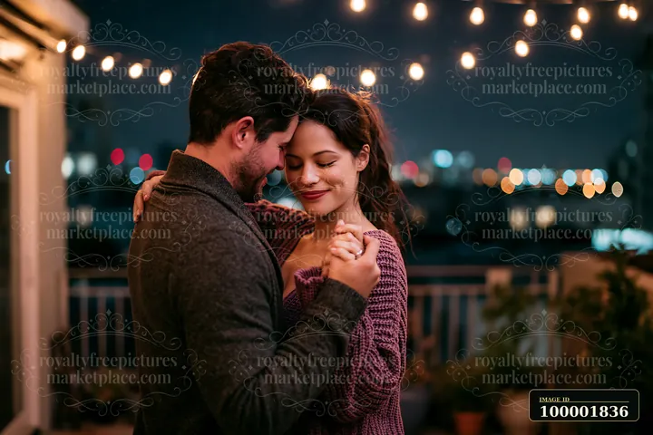 A couple dances closely under string lights on a balcony while city lights glow in the background.