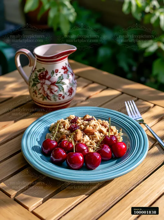 A plate holds muesli topped with cherries, placed on a wooden table outdoors.