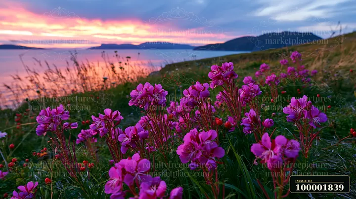 Colorful island flowers along a cliff edge catch the last light of day.