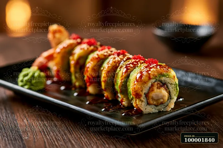 A dragon roll close-up shows a colorful sushi roll arranged on a black plate.