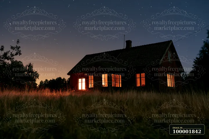 A country home stands in a field at night with bright windows shining.